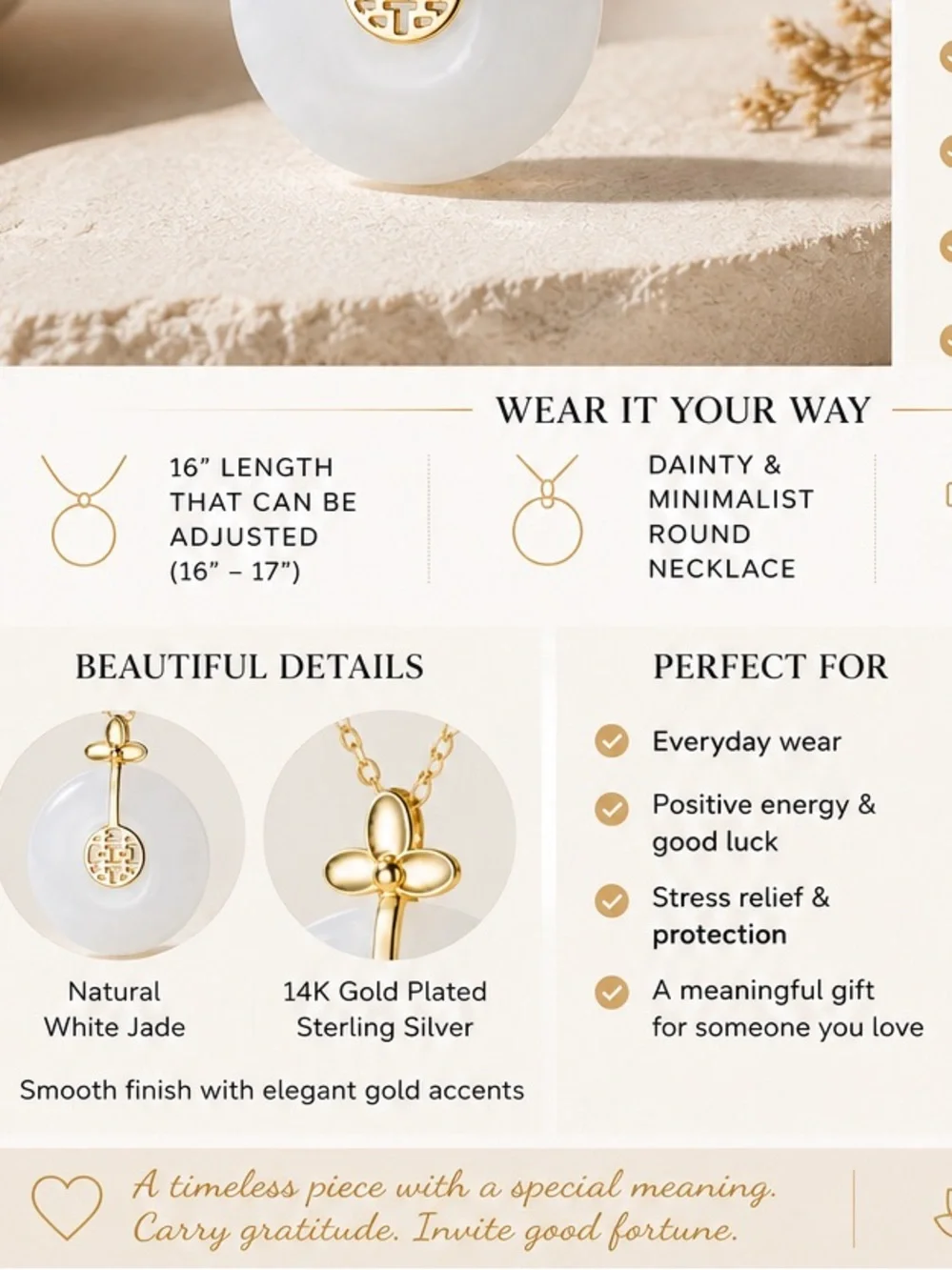 14K Gold-Plated 925 Sterling Silver White Jade Necklace | Unisex | 16–17” | NWT